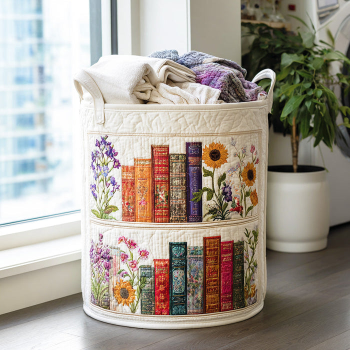 Quilted laundry basket with books and wildflowers on a light ground