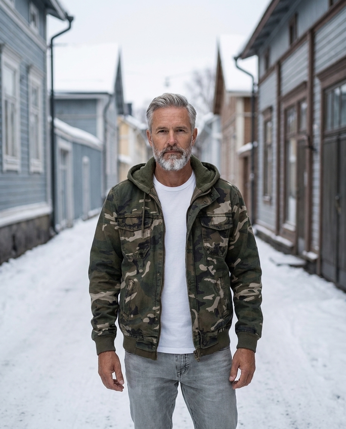 Camouflage cargo jacket worn on a snowy Vallila street in Helsinki