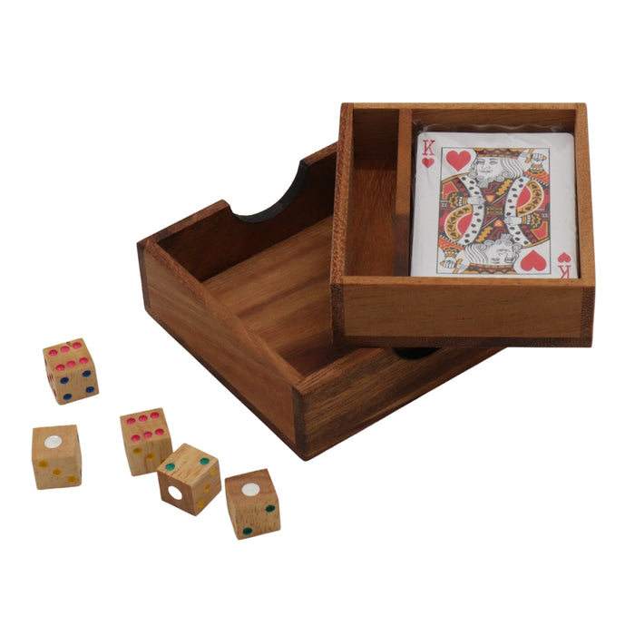 CARD Box | 11 cm | 1 Pack of Cards | 5 Wooden Dice