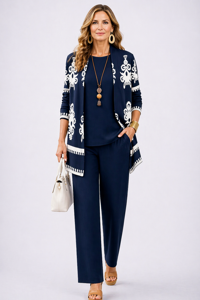 Carol | Navy Blossom Print Three-Piece Set