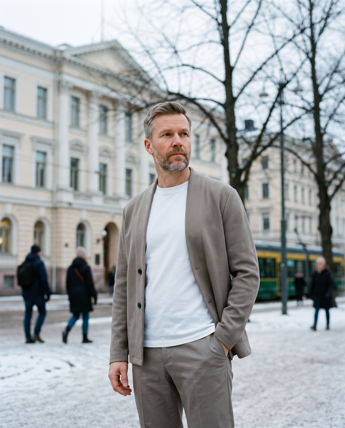 Casual tailored blazer on Esplanadi Helsinki in winter