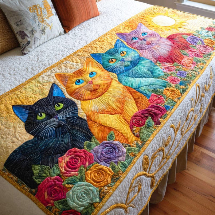 Quilted bed runner with two cats among roses