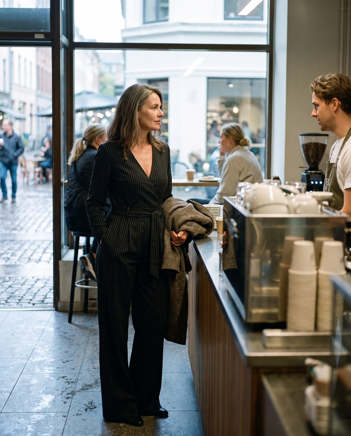 Celeste pinstriped belted jumpsuit worn at a cafe counter