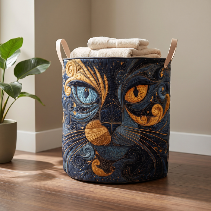 Celestial cat quilted laundry basket standing on a wooden floor at home