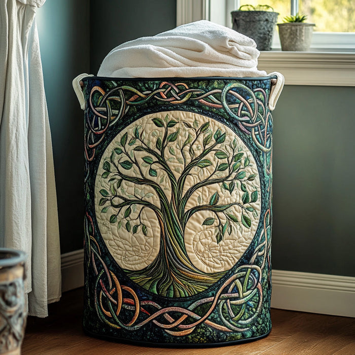 Celtic tree of life basket shown filled with linen