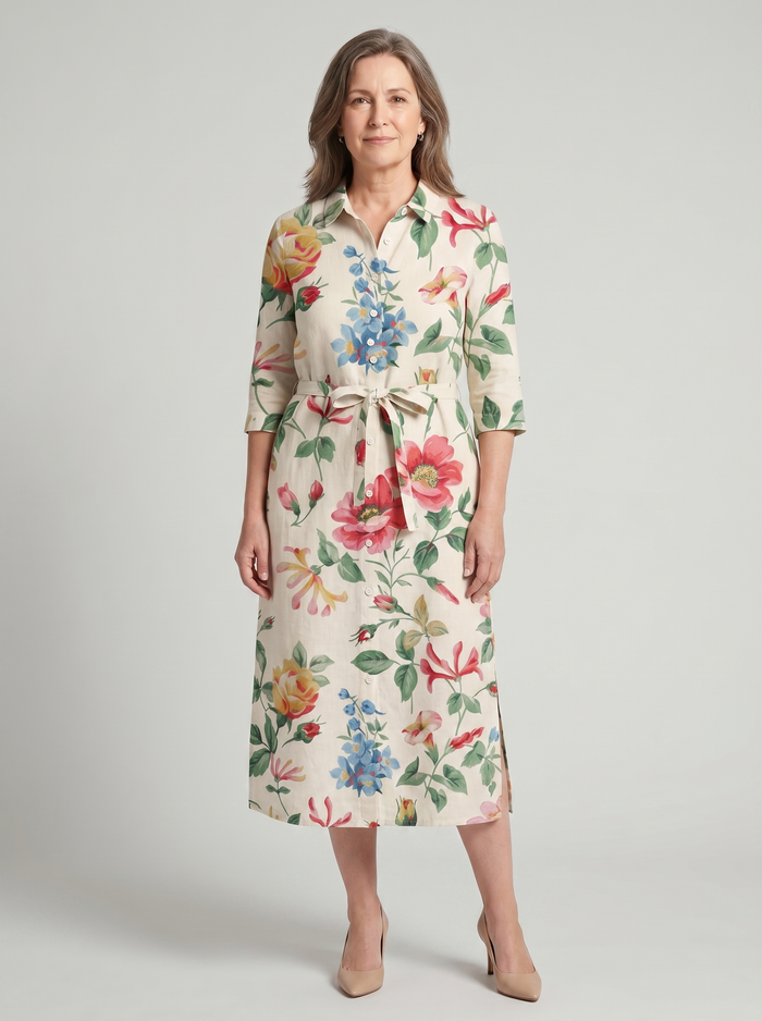 Charlotte | Floral and Short-Sleeve with Button Detail Midi Dress