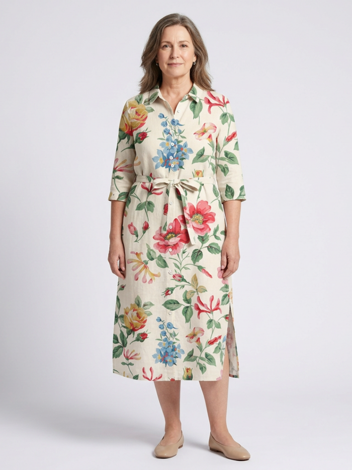 Charlotte | Floral and Short-Sleeve with Button Detail Midi Dress