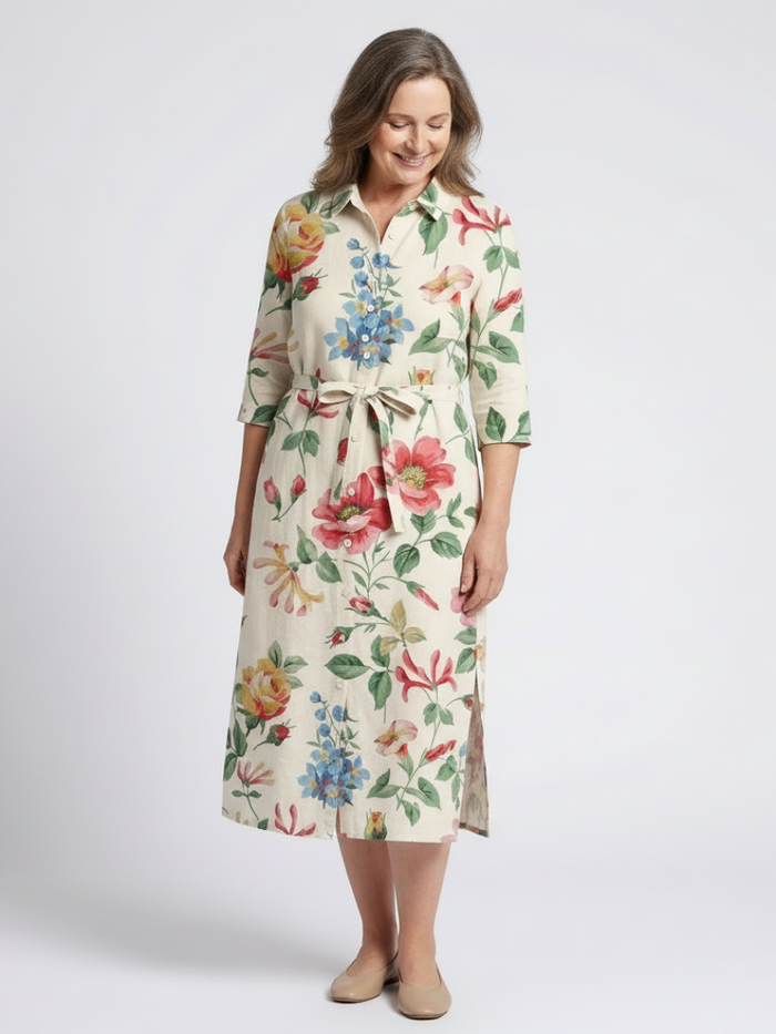 Charlotte | Floral and Short-Sleeve with Button Detail Midi Dress