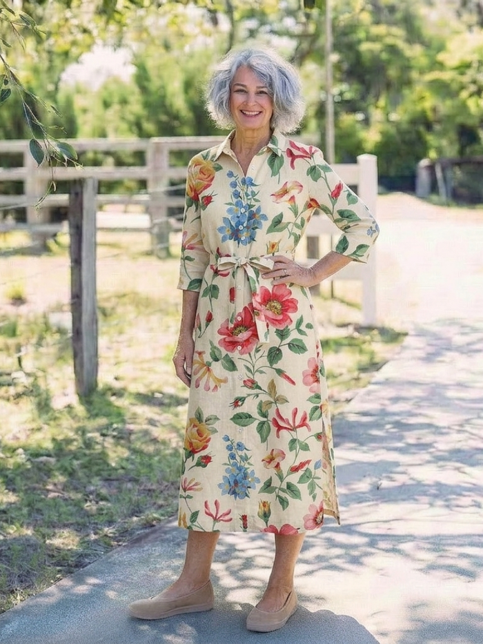 Charlotte | Floral and Short-Sleeve with Button Detail Midi Dress