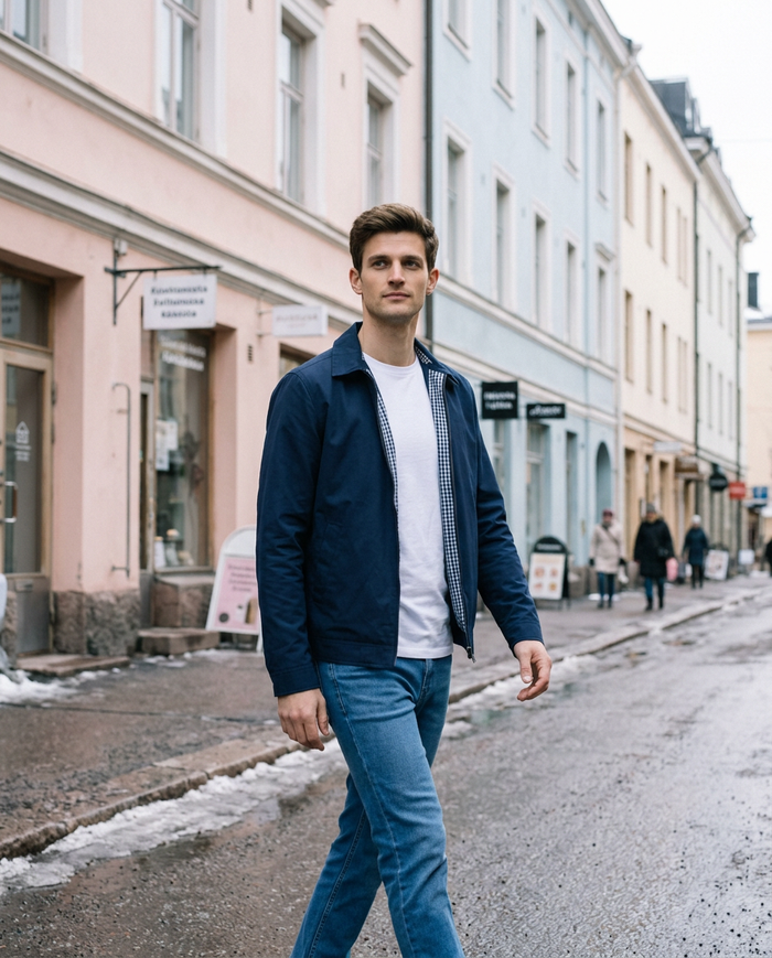 Navy Harrington jacket worn on a Punavuori street in Helsinki