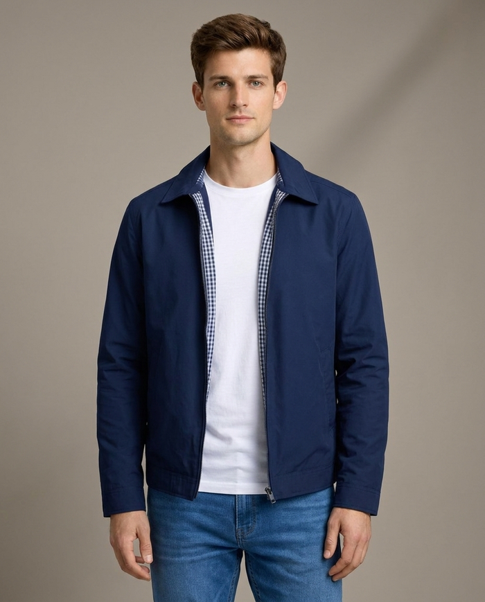 Navy Harrington jacket with gingham check lining