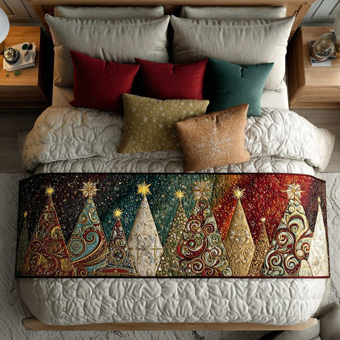 Quilted bed runner with a row of stylised Christmas trees