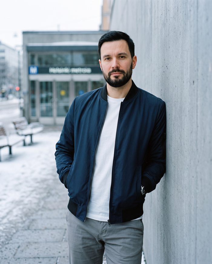 Classic bomber jacket by a Helsinki metro entrance in winter