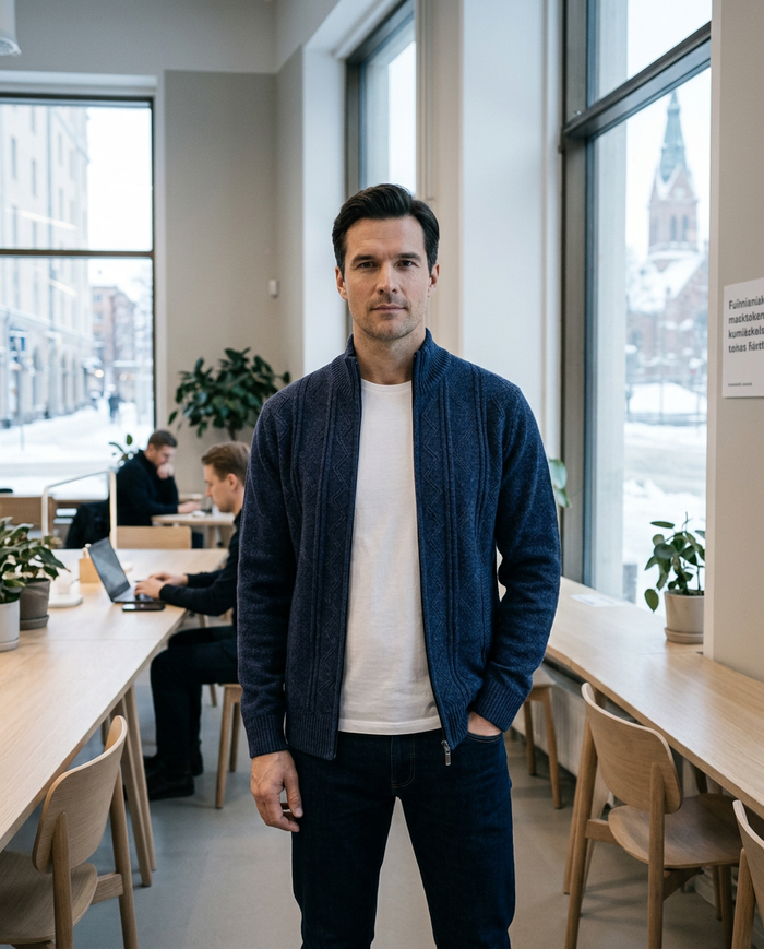 Navy cable-knit cardigan worn in a Nordic co-working space