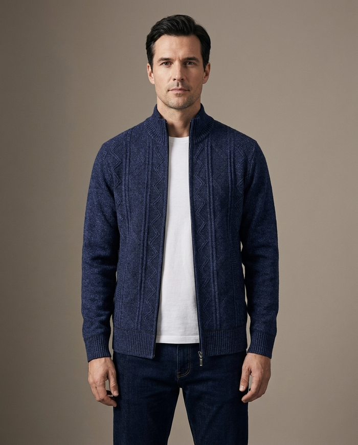 Navy cable-knit full-zip cardigan with stand collar