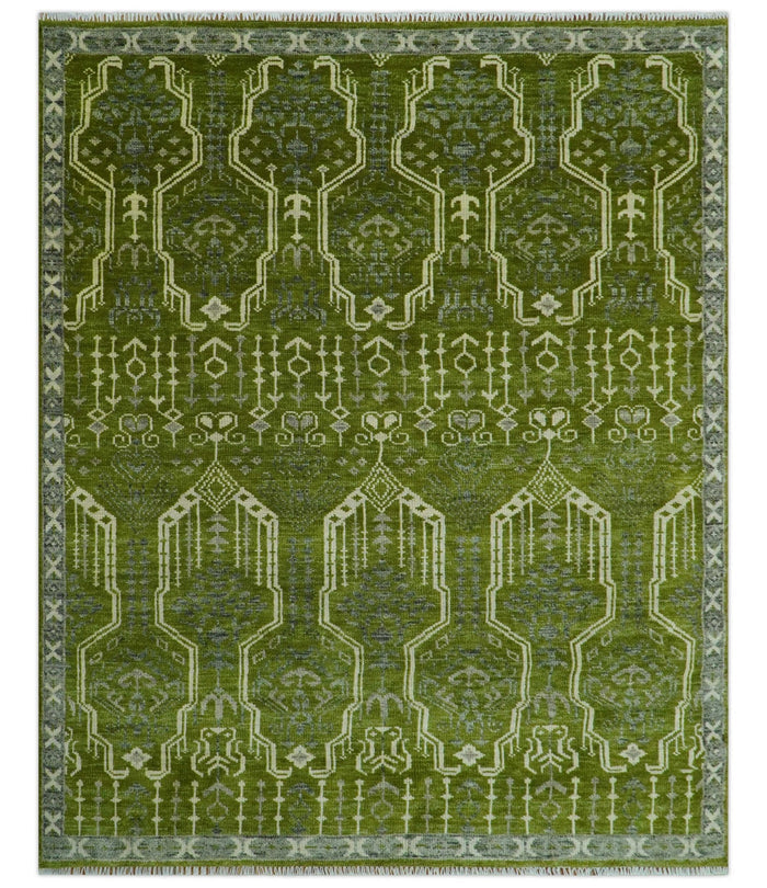 Contemporary Traditional Design Green And Beige Hand Knotted Custom Made Wool Rug - The Rug Decor