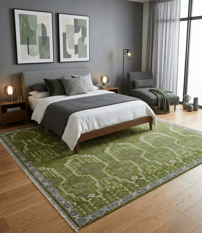 Contemporary Traditional Design Green And Beige Hand Knotted Custom Made Wool Rug - The Rug Decor