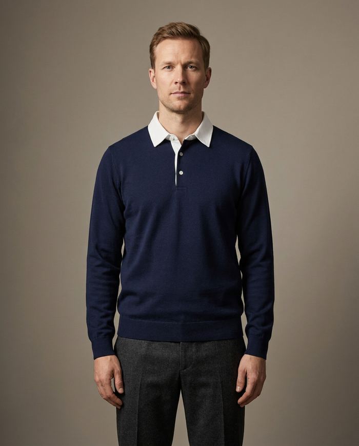 Navy knitted polo jumper with white contrast collar