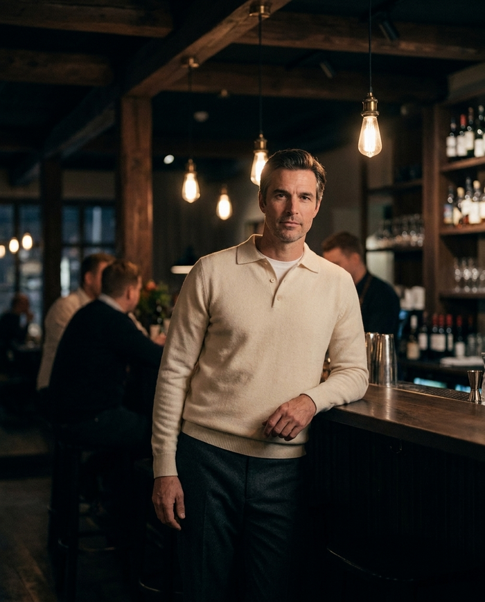 Cream knit polo jumper worn in a Nordic restaurant in the evening