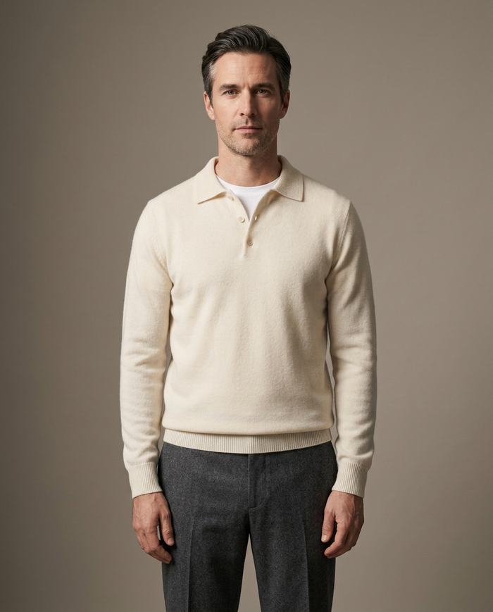 Cream cotton knit three-button polo jumper