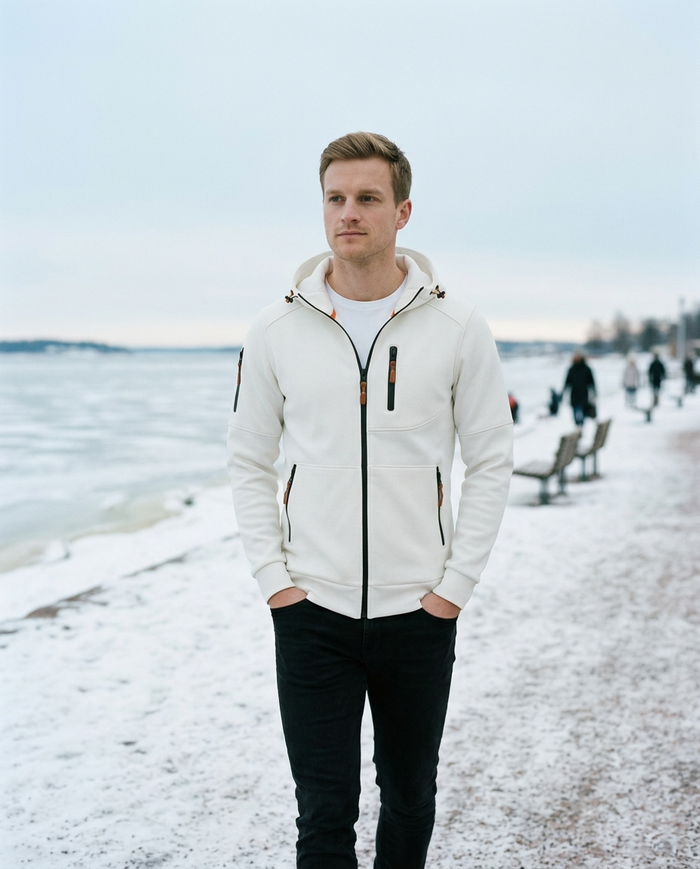 White zip-up hoodie worn on the Hietaniemi seafront in Helsinki