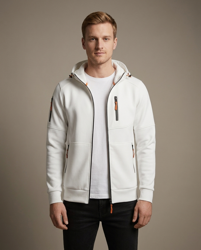 Off-white cotton zip-up hoodie with orange zip pulls