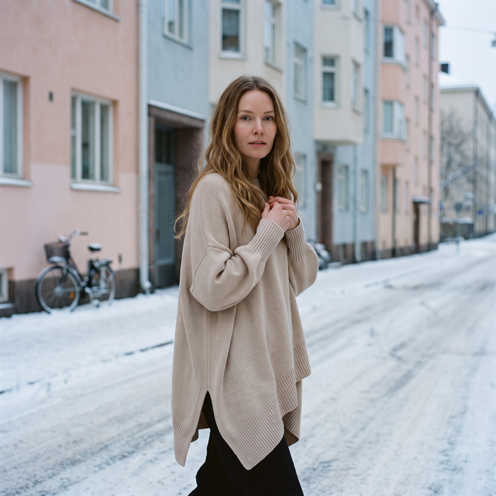 Crisanta oversized knit on a Helsinki street in winter