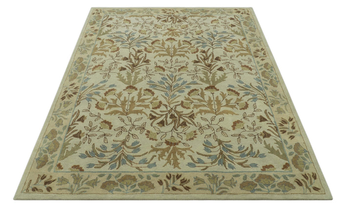 Custom Made Beige And Brown Traditional Floral Design Hand Tufted Wool Area Rug - The Rug Decor