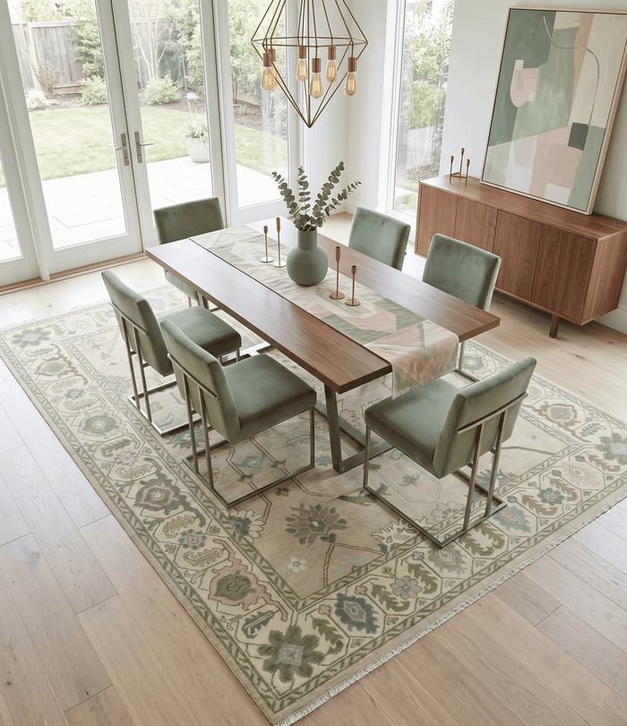 Custom Made Beige and Green Hand Knotted Traditional Oriental Oushak wool area rug - The Rug Decor
