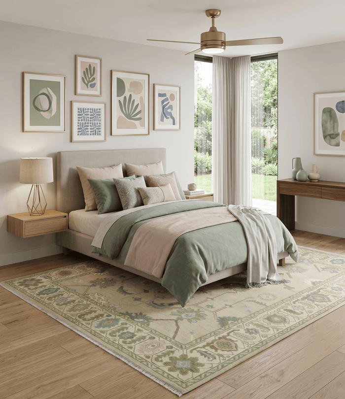 Custom Made Beige and Green Hand Knotted Traditional Oriental Oushak wool area rug - The Rug Decor