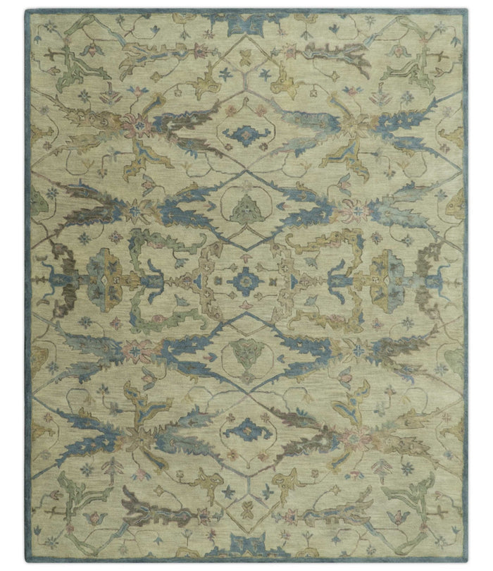 Custom Made Traditional Oushak Design Beige And Blue Hand Tufted Wool Area Rug - The Rug Decor