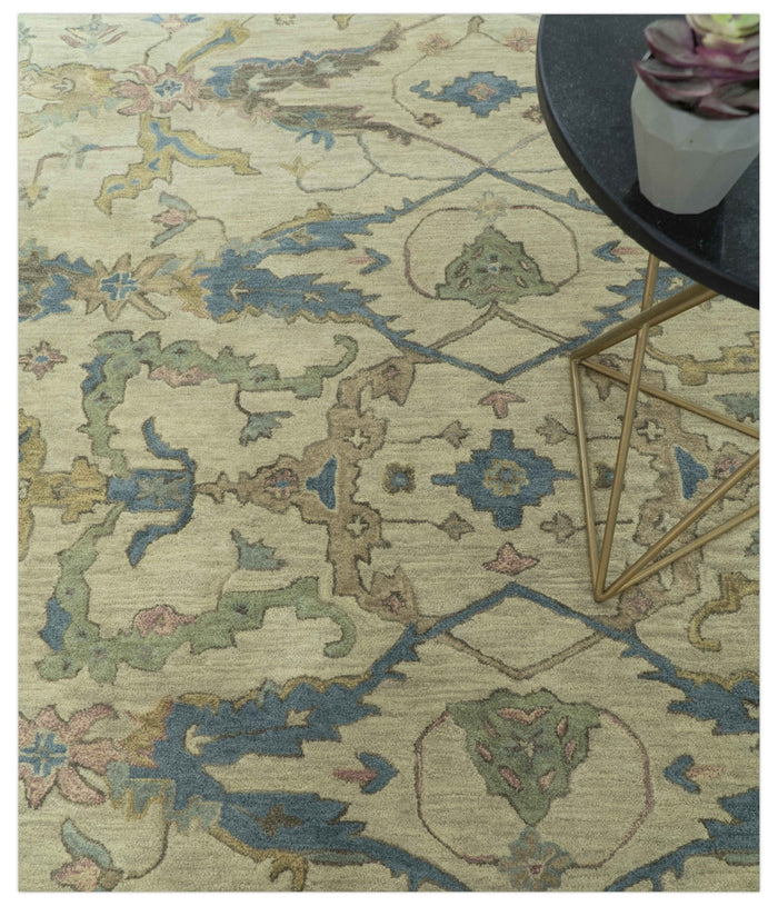 Custom Made Traditional Oushak Design Beige And Blue Hand Tufted Wool Area Rug - The Rug Decor