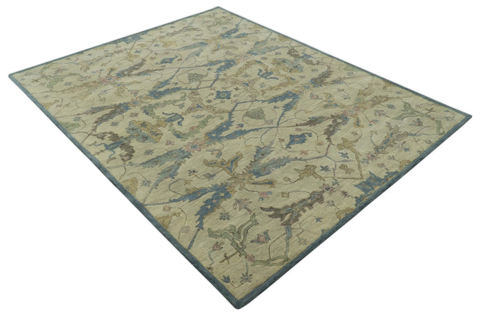 Custom Made Traditional Oushak Design Beige And Blue Hand Tufted Wool Area Rug - The Rug Decor