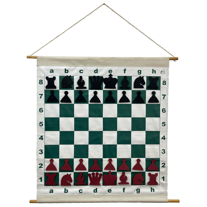 Demonstration chess set roll-up board with brown and black magnetic pieces hung on wall