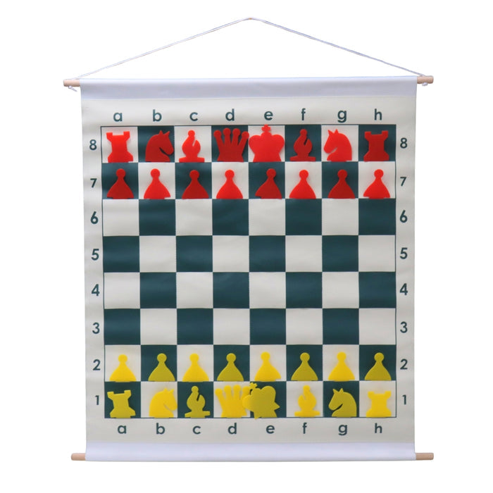 Demonstration chess set roll-up board with red & yellow stick-in pieces hanging on wall
