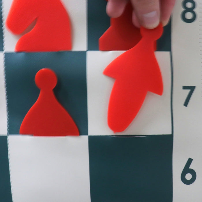 Demonstration chess set stick-in pieces being inserted into pocket