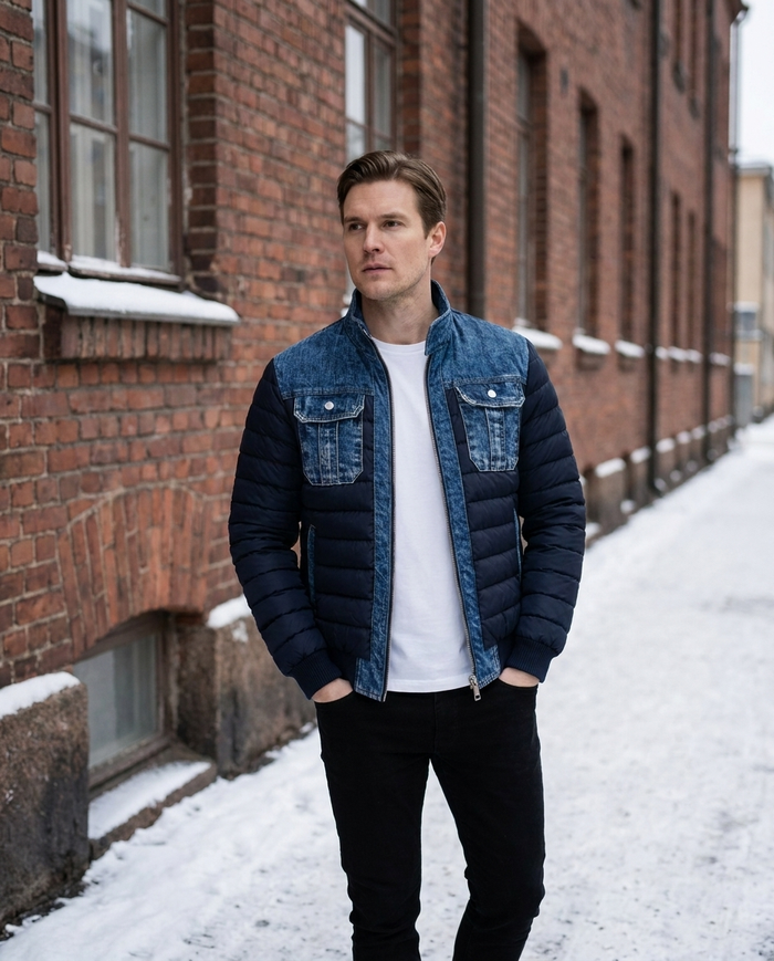 Denim panelled puffer jacket worn on a Sornainen street in Helsinki