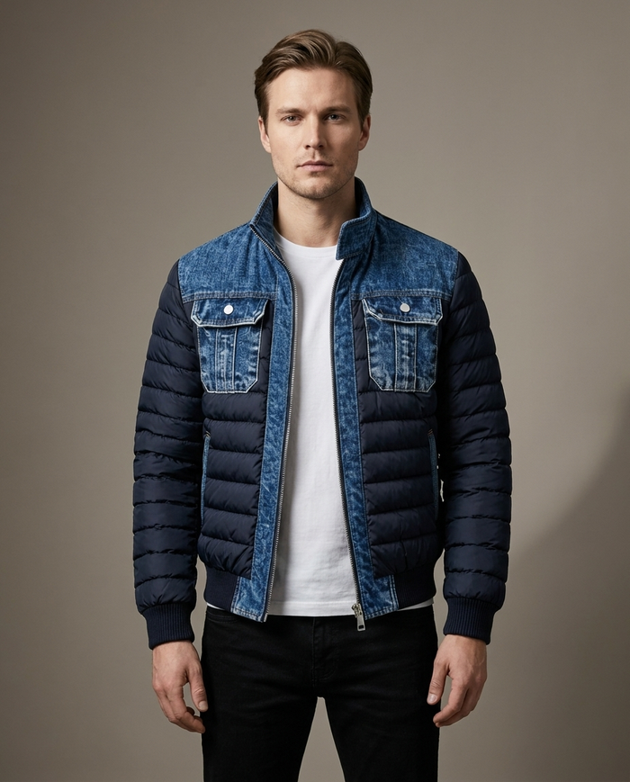 Navy quilted puffer bomber with blue denim yoke and chest pockets