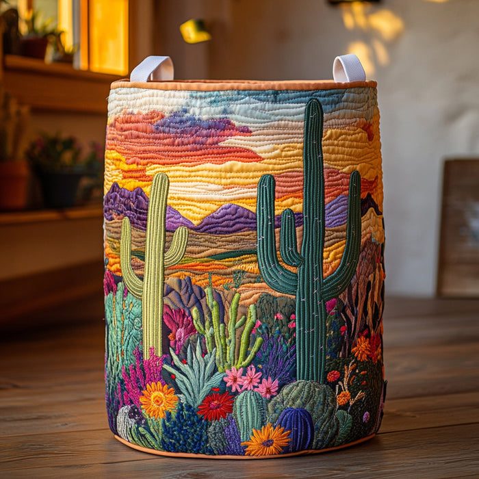 Quilted laundry basket with cactus silhouettes against a desert sunset