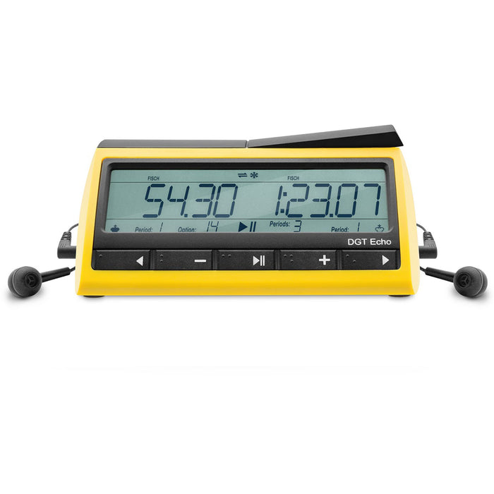 DGT Echo chess clock in yellow with digital display and earphones for visually impaired players