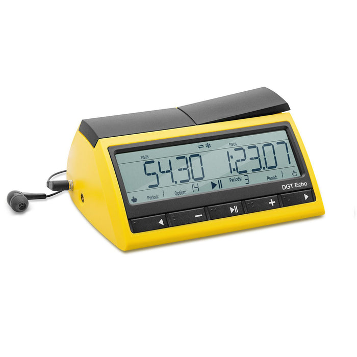 Side angle of DGT Echo chess clock in yellow with digital display and earphones for visually impaired players