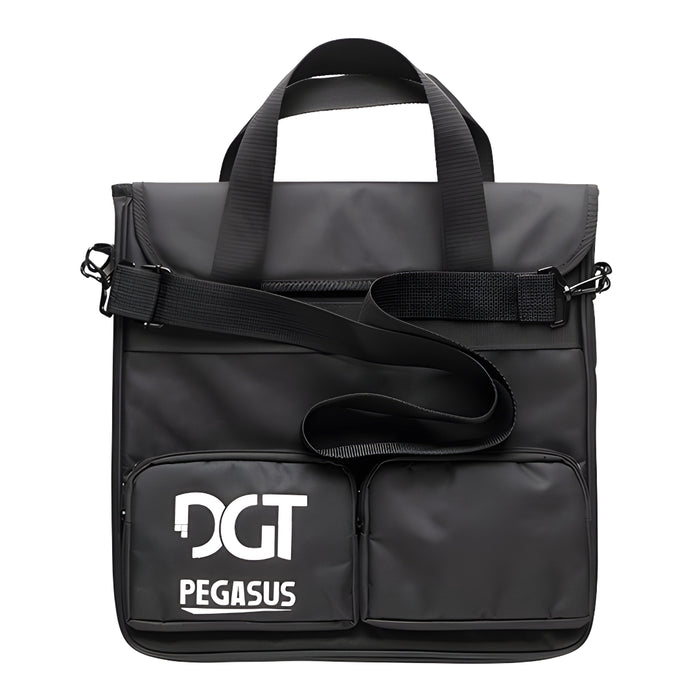 Front of DGT Pegasus Travel Bag with logo, showing two pockets, shoulder strap and carry handle
