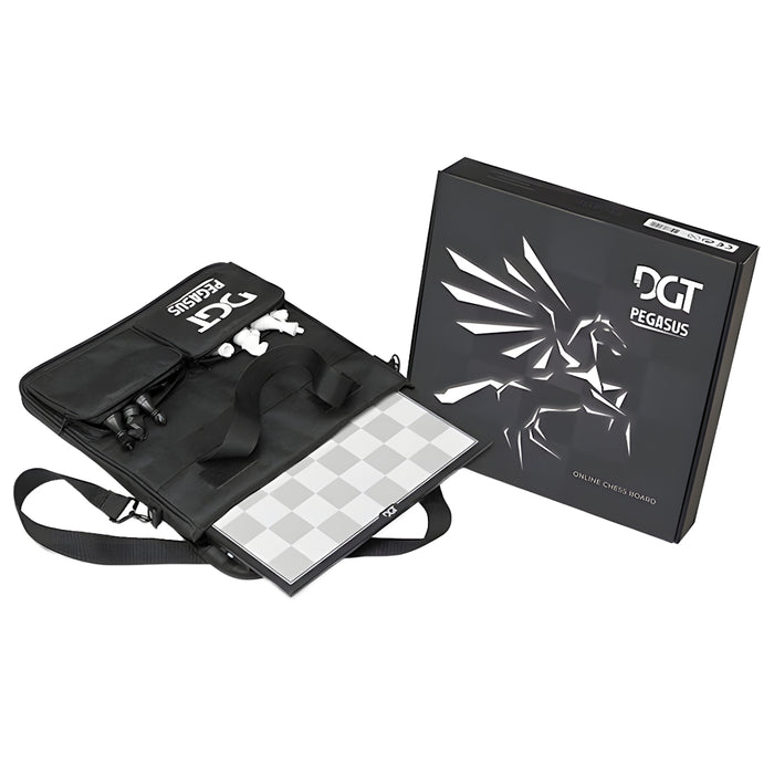 DGT Pegasus travel bag open with chess board and pieces, alongside DGT Pegasus online chess board box