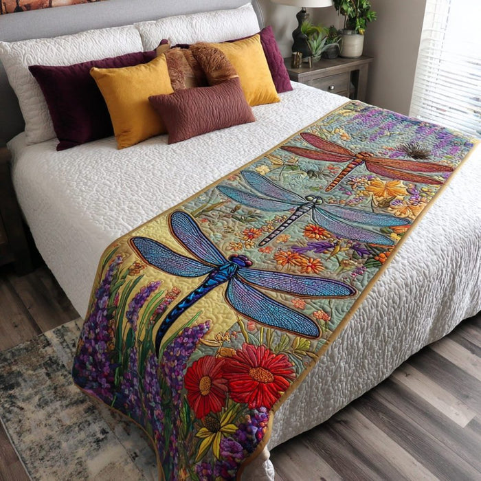 Quilted bed runner with a dragonfly over a purple wildflower meadow