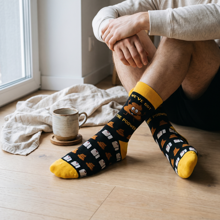 Person sitting on a pale oak floor wearing animal-print mid-calf socks