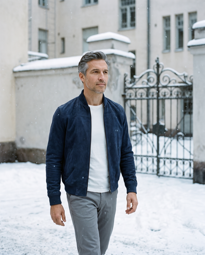 Elegant suede jacket in a snowy Helsinki courtyard