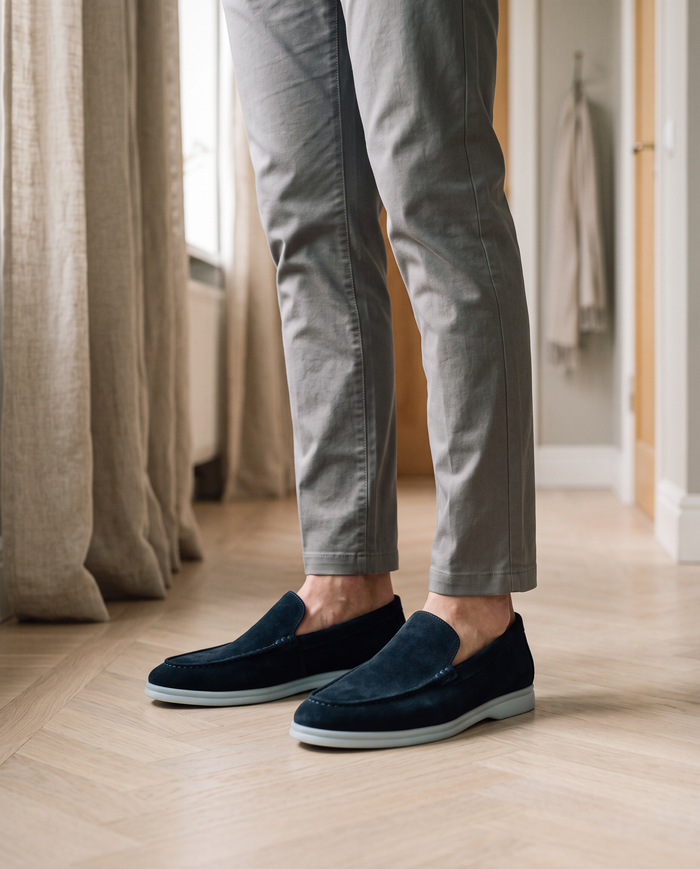 Navy suede moccasins on a Nordic parquet floor