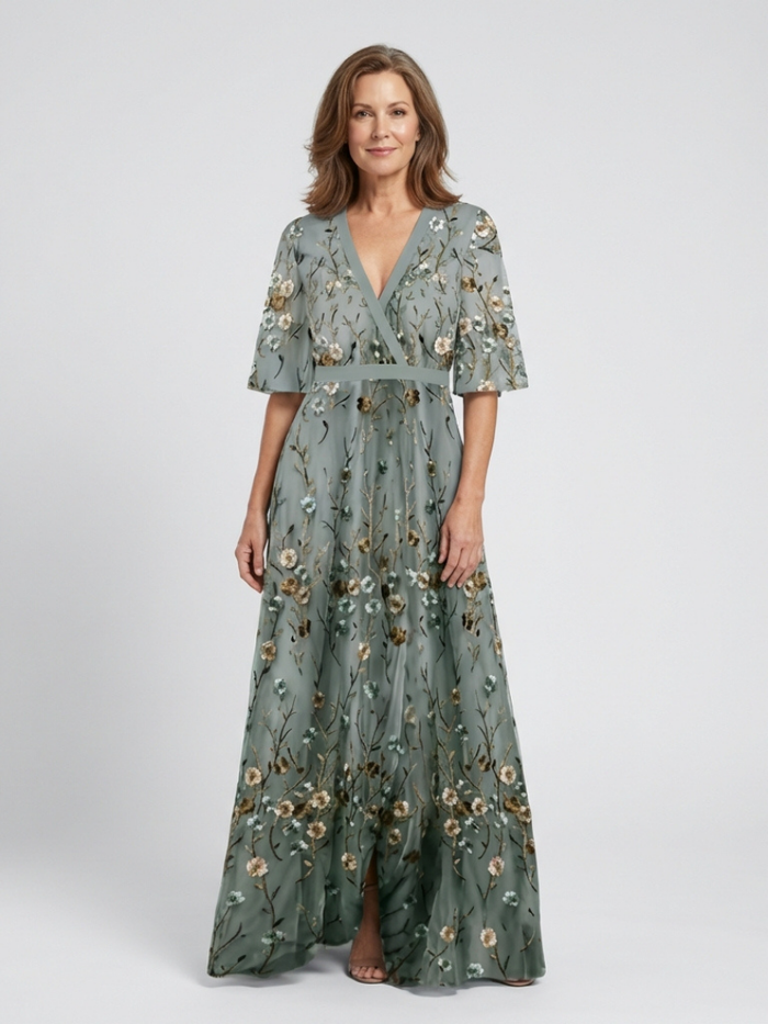 Elodie | Embroidered with V-Neck Maxi Dress