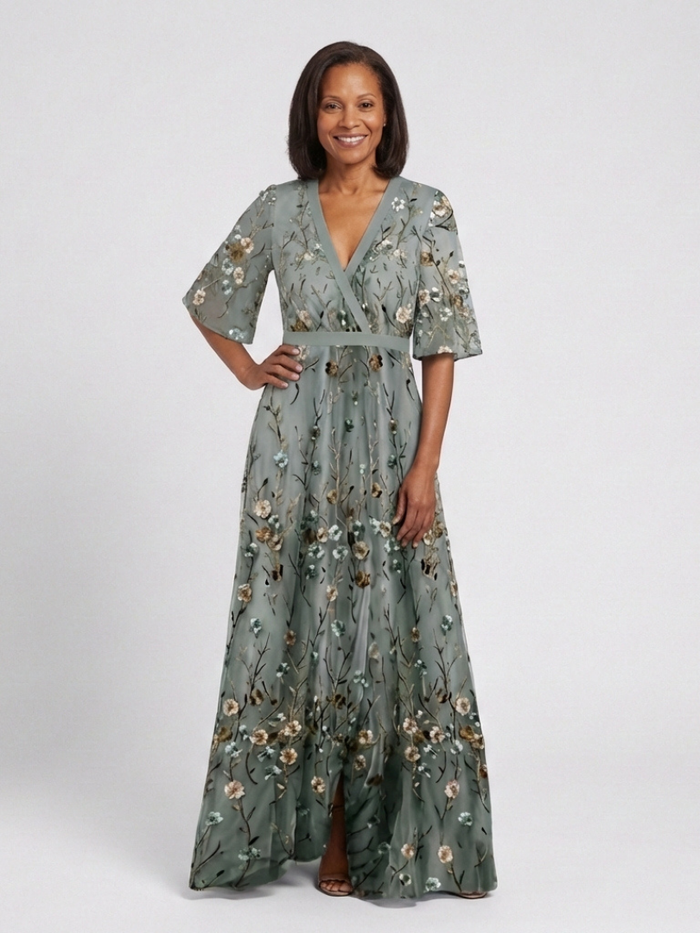 Elodie | Embroidered with V-Neck Maxi Dress