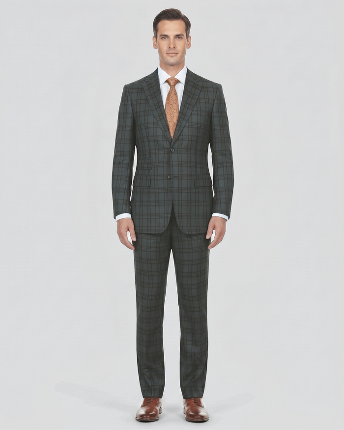 English Laundry Mens Gray With Green Plaid Slim Fit Peak Lapel 2 Button Stretch Suit